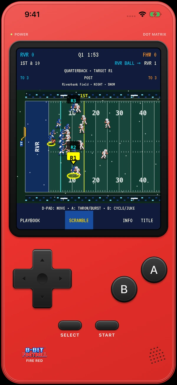 Night football at snowy Riverbank Field, framed by the Fire Red handheld console.