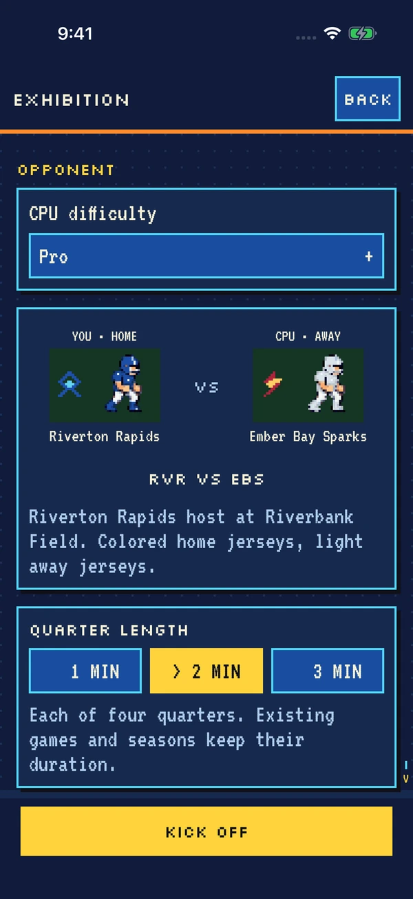 Exhibition setup with a computer opponent, selectable quarter length, and a Kick Off button.