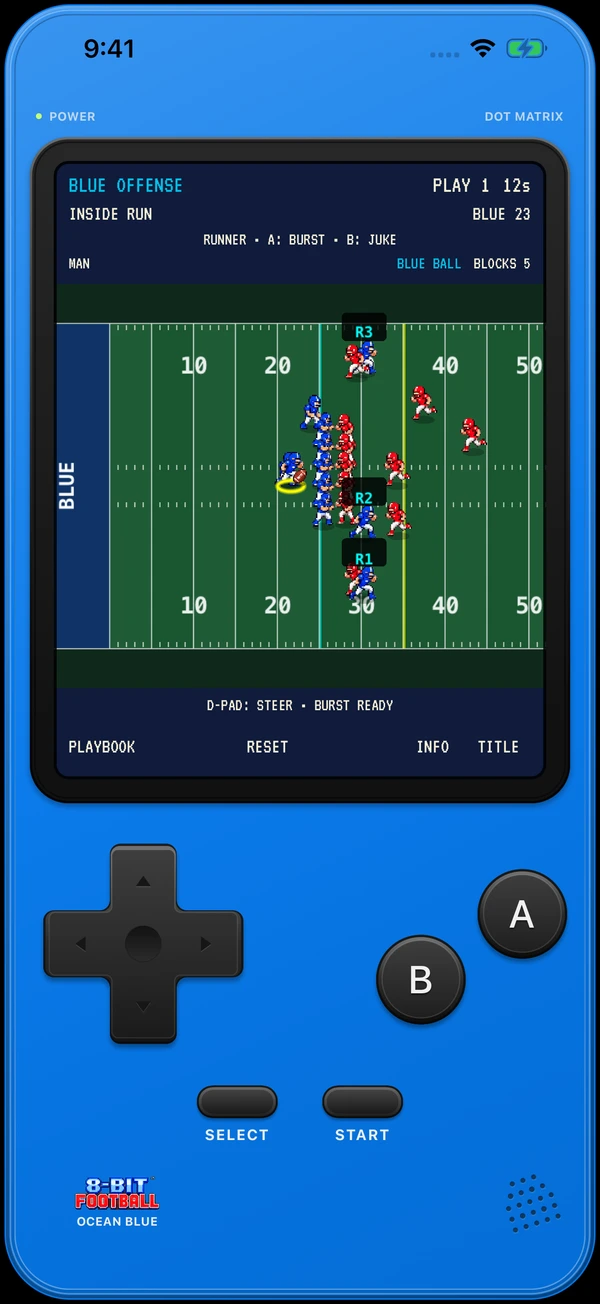 An inside run in Football Practice, framed by the Ocean Blue handheld console.